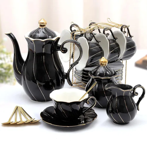 Miniatura 10 de DUJUST Juego de té de porcelana de 22 piezas para 6, lujoso juego de tazas de té/café estilo británico con ribete dorado, hermoso juego de té