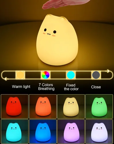 Miniatura 2 de Luz nocturna LED para gatos, luz nocturna alimentada por pilas para niños, bonita lámpara multicolor de silicona con blanco cálido y modo