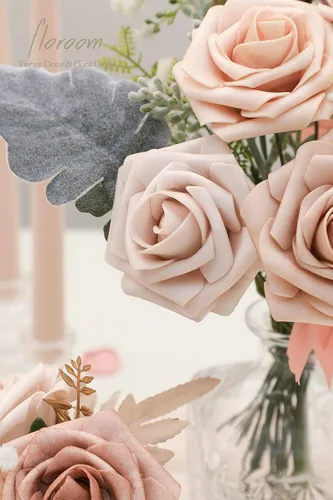 Miniatura 3 de Floroom Flores artificiales, 25 piezas de rosas falsas de espuma de color melocotón Morandi de aspecto real con tallos para ramos de boda, Sombras