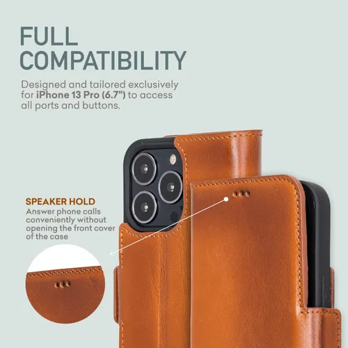 Miniatura 4 de Bayelon Funda para iPhone 13 Pro Max, funda de piel de grano completo, funda magnética con ranuras para tarjetas, función atril (bronceado rústico)