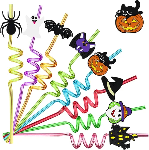Miniatura 8 de 24 popotes rectos reutilizables para fiesta de Halloween, castillo, murciélago, calabaza, fantasma, gato, bruja, araña, pajitas rectas 6color