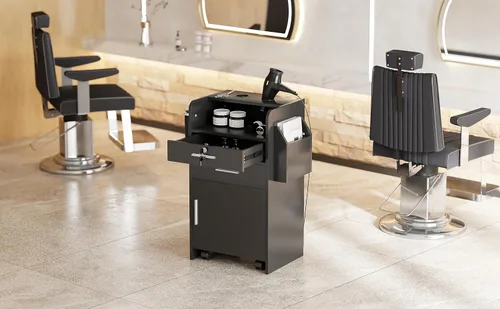 Miniatura 6 de Estación de salón rodante negra mejorada, gabinete de belleza, carrito de almacenamiento con bloqueo de spa con 2 cajones y 2 soportes para secador
