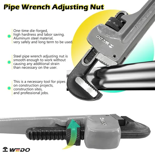 Miniatura 4 de WEDO Llave de tubo de 8 pulgadas, llave de plomería recta de aluminio, llave de tubo ajustable, apertura máxima 4.331 in, cabeza forjada de acero al