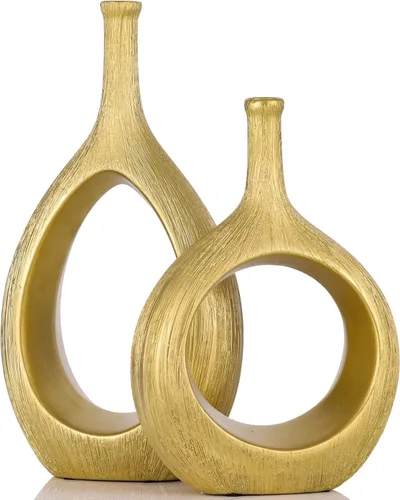 Miniatura 10 de Juego de 2 jarrones de cerámica de oro negro, moderno círculo hueco con agujero para decoración del hogar, centros de mesa, granja, chimenea, sala