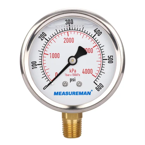 Miniatura 32 de MEASUREMAN - Manómetro de presión 1/4 NPT, manómetro de presión lleno de glicerina 0-100psi/kPa con esfera de 2.5 pulgadas y caja de acero