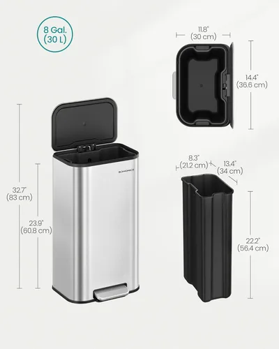 Miniatura 5 de SONGMICS Basurero de Cocina, Bote de Basura de 8 Galones (30 L) con Tapa, Acero Inoxidable, Cierre Suave y se Mantiene Abierto, Cubo Interior, Pedal