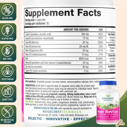 Miniatura 3 de RidgeCrest Herbals Hair ReVive - 120 cápsulas - Soporte para el cabello saludable para mujeres, sin OMG, sin gluten, 30 porciones