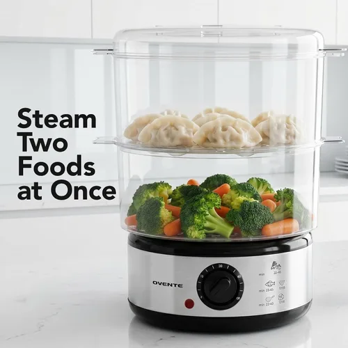 Miniatura 3 de OVENTE Vaporizador eléctrico de alimentos de 2 niveles, olla de vapor apilable de acero inoxidable de 5 cuartos de galón con potencia de 400 W