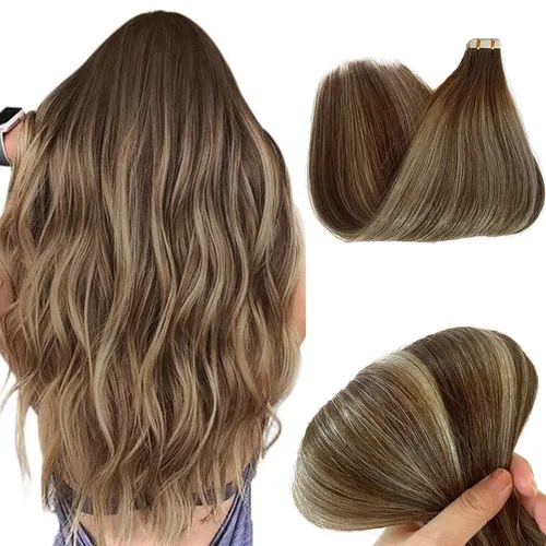 Miniatura 13 de Extensiones adhesivas rubias de cabello humano brasileño grado 9A, #60 rubio platino, cinta en 12 pulgadas, 20 unidades por juego, extensiones