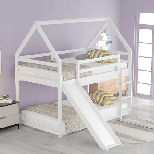 Miniatura 10 de Harper & Bright Designs Litera individual sobre individual para niños con tobogán y techo, marco de cama de madera con barandillas de 12.9 pulgadas