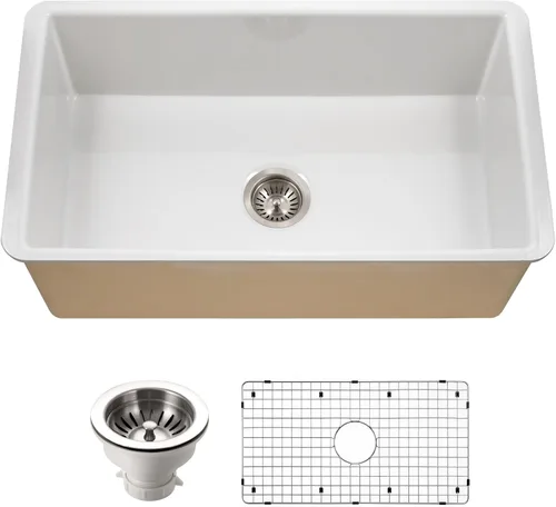Miniatura 3 de Houzer Fregadero de cocina Platus White Fireclay: Fregadero de cocina de 32 pulgadas de un solo tazón, duradero y versátil, esencial para el hogar