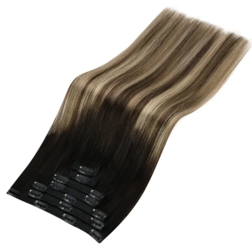 Miniatura 9 de YoungSee Extensiones de cabello humano real con clip, de 20 pulgadas, color negro a marrón con rubio, extensiones de cabello Remy lacio, añade