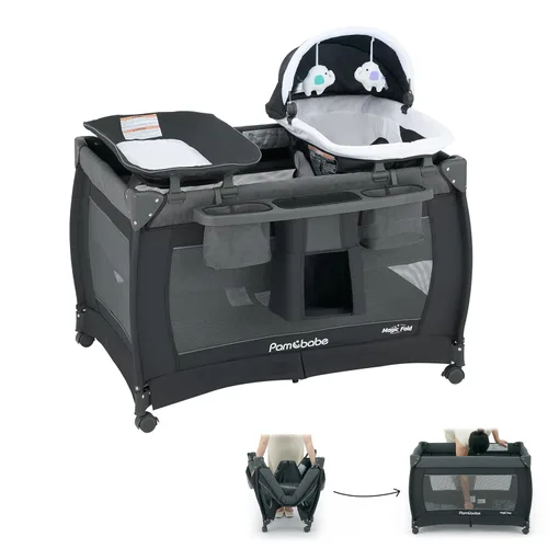 Pamo Babe Playard Magic Fold - Corralito plegable para bebé, corralito portátil, centro para bebé con moisés para recién nacidos, moisés para Gris