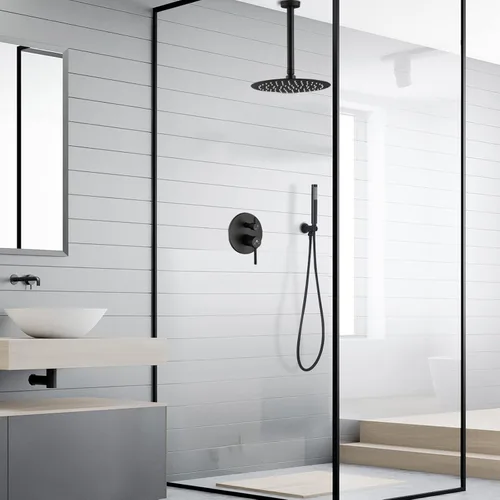 Miniatura 2 de Mezclador de lluvia de baño de 10 pulgadas, conjunto combinado de ducha montado en celda de lluvia, sistema de cabezal de ducha con acabado negro