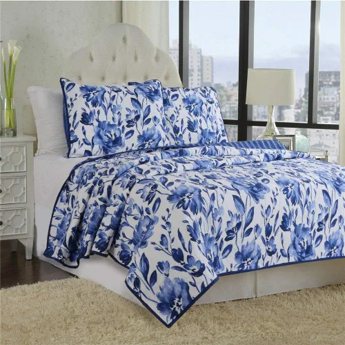 Miniatura 3 de Juego de colcha de algodón de porcelana azul y blanco tamaño Queen de 3 piezas, juego de ropa de cama floral estilo chino