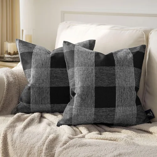 Phantoscope - Juego de 2 fundas cuadradas para almohada o cojín, para decoración del hogar, diseño de cuadros de búfalo, negro y gris, 18 x 18