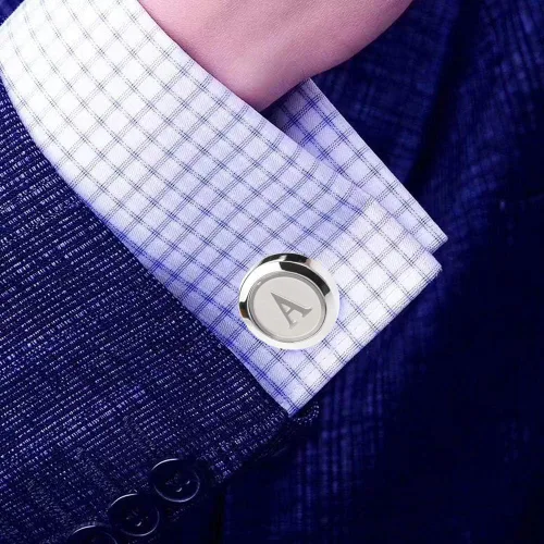 Miniatura 4 de Gemelos clásicos, de acero inoxidable y con las 26 letras iniciales del alfabeto de la A-Z para hombre, para negocios, bodas y camisas