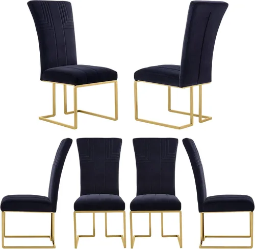 AUZ Juego de 6 sillas de comedor negras y doradas, sillas tapizadas de terciopelo negro con patas de trineo de acero inoxidable pulido, sillas