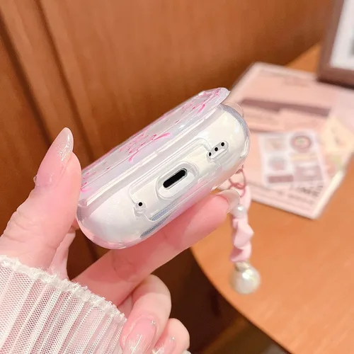 Miniatura 8 de MINSCOSE Funda para AirPods Pro de 2ª/1ª generación, diseño de corazón con lazo de cinta femenina con bonito llavero de perla, funda protectora