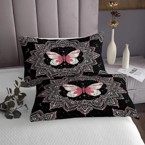 Miniatura 5 de Feelyou Juego de sábanas de mariposa tamaño individual para niños y niñas, juego de sábanas de mandala bohemio para niños, sábanas negras y rosas