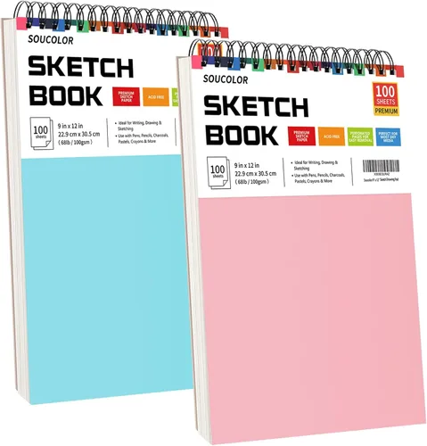 Miniatura 16 de Soucolor - Cuaderno de bocetos de 9 x 12 pulgadas, paquete de 4 de 100 hojas, encuadernado en espiral, libre de ácido (68 libras/100 g/m²), papel