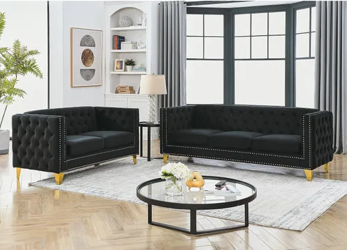Miniatura 18 de Sofá de terciopelo de 3 plazas, cómodos sofás para sala de estar, sofá moderno con respaldo copetudo y decoración de remaches, sofá largo tapizado