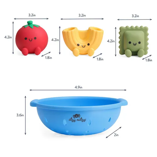 Miniatura 7 de Itzy Ritzy Juguetes de baño Squirter – Juego de 3 juguetes de baño texturizados en forma de pasta y 1 colador de espolvoreo – Itzy Splash Pals Fruta