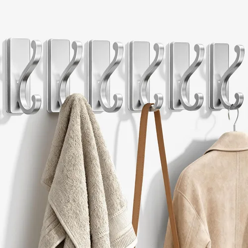 Miniatura 10 de Ganchos de Pared Negros para Abrigos, Paquete de 6 Ganchos Autoadhesivos de Montaje en Pared para Ropa, Toallas, Llaves, Cartera, Mochila, Bolsa