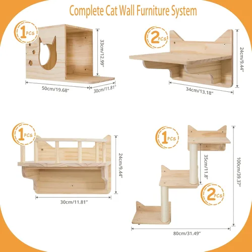 Miniatura 2 de Árbol para gatos montado en la pared, 7 estantes y perchas de pared para gatos con postes rascadores altos de sisal, árbol de escalada para gatos