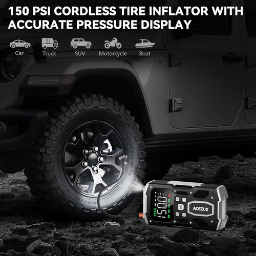 Miniatura 6 de ACEZUK - Arrancador portátil para automóvil con compresor de aire, 160PSI 8000A (todo gasolina/10.0L diesel), batería de 12 V con pantalla LCD