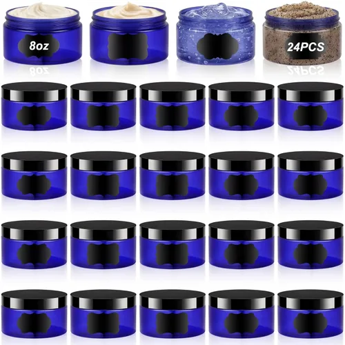 Miniatura 49 de Dandat 24 piezas 8 oz botes de plástico con tapa y etiqueta. Recipientes de muestra de cosméticos redondos ámbar PET recargables y vacíos para Ámbar