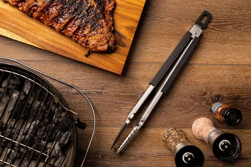 Miniatura 4 de Pinzas para barbacoa de acero inoxidable 18/0 de 9 pulgadas con mango ergonómico de madera de roble real para cocinar, accesorio duradero