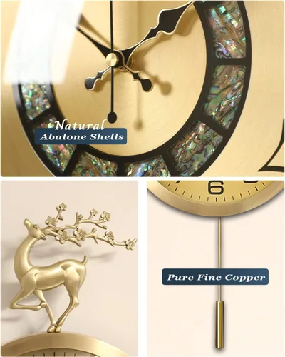 Miniatura 4 de Aero Snail Reloj de pared de 12.6 pulgadas, figura de reno redonda dorada, decoración de concha, reloj con péndulo oscilante, silencioso sin tictac