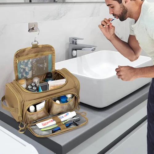 Miniatura 8 de Neceser táctico para hombres, bolsa de higiene colgante, kit organizador de viaje para afeitarse, artículos esenciales de ducha y artículos de aseo