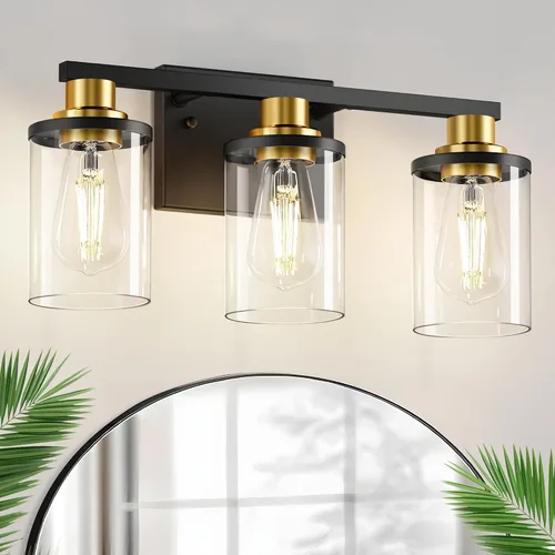 Miniatura 11 de L LOHAS LED Lámparas de baño negras de 2 luces, accesorios de iluminación modernos sobre espejo con pantalla de vidrio transparente, luces