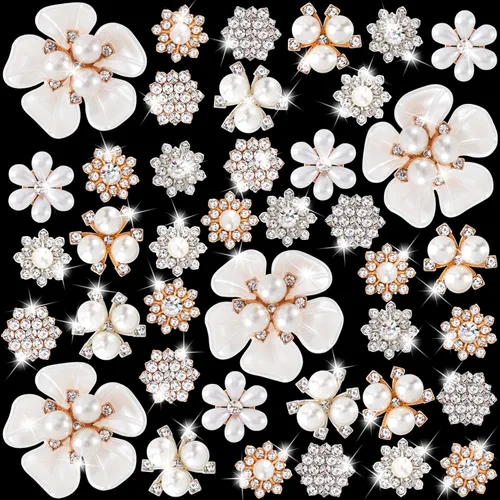 HINZIC 40 piezas de botones de diamantes de imitación de perlas, broches de flores, adornos dorados y plateados, dijes decorativos de boda para