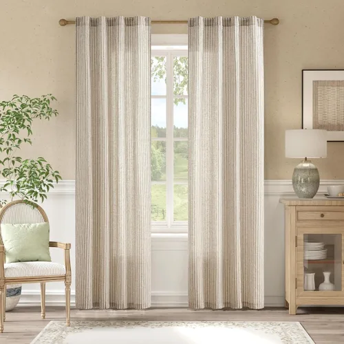 Miniatura 38 de JINCHAN Cortinas de lino para sala de estar o dormitorio, con estampado a rayas verde salvia sobre beige, rayas delgadas que filtran la luz