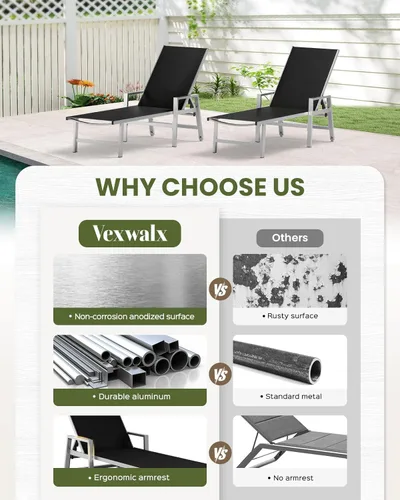 Miniatura 7 de Vexwalx Tumbona para patio al aire libre con ruedas y reposabrazos, sillas reclinables ajustables de aluminio de 5 posiciones, sillas de playa al