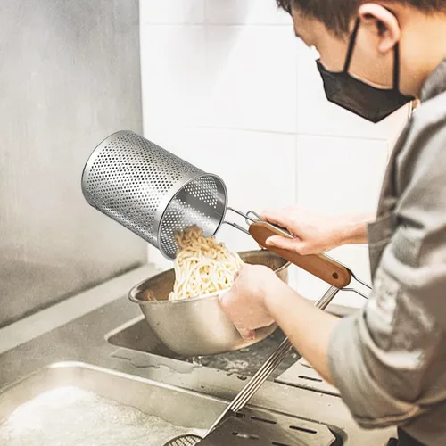Miniatura 5 de Colador de Pasta de Acero Inoxidable, 2 piezas Colador de Fideos y Dumplings de Alimentos Microperforado con Mango de Madera, Cestas para Colar