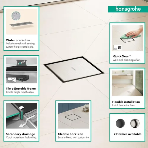 Miniatura 3 de hansgrohe RainDrain Brilliance - Juego de drenaje de ducha cuadrado con cubierta trasera áspera y baldosa en acero inoxidable cepillado, drenaje