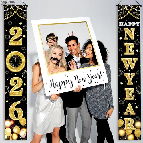 Miniatura 8 de KatchOn XtraLarge Pancarta de Feliz Año Nuevo 2026 – 72 x 12 pulgadas Pancarta de puerta de Feliz Año Nuevo negra y dorada para decoraciones