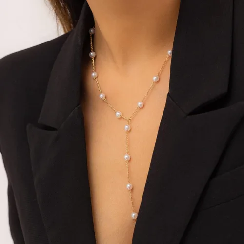 Miniatura 7 de Delicado collar de perlas para mujer, collar de oro y perlas, collar largo bohemio de perlas sintéticas para playa, joyería de perlas para mujer