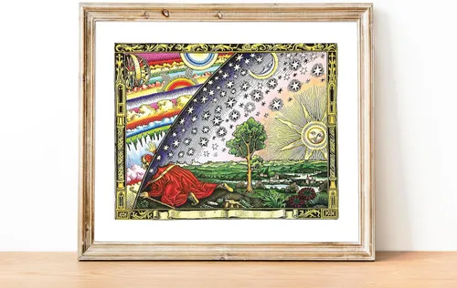 Camille Flammarion 1889 - Cúpula de firmamento – Mapa plano de la Tierra por Camille Flammarion – Meteorología Cosmología Astronomía Estrellas Luna