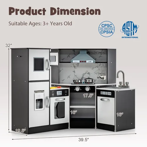 Miniatura 9 de Costzon Juego de cocina para niños, 2 piezas de juguete de cocina con luz, sonido, lavabo, microondas, pizarra, máquina de hielo, campana Negro