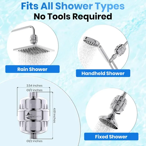 Miniatura 5 de Aqua Earth Filtro de ducha de 15 etapas, 3 cartuchos incluidos con filtros de ducha de vitamina C para agua dura, tecnología única de carbón
