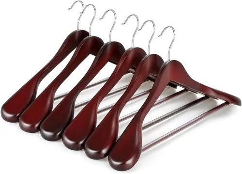 Miniatura 12 de TOPIA HANGER - Perchas de madera para hombros anchos, perchas para trajes con barra antideslizante para pantalones y gancho giratorio de 360°, Nogal