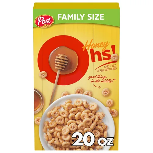 Honey Ohs! Cereales de tamaño familiar, cereal crujiente para desayuno en forma de Os hechos con maíz endulzado, avena y arroz, caja de 20 OZ
