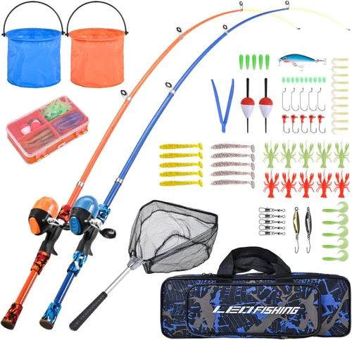 LEOFISHING Juego de 2 Cañas de Pescar Portátiles para Niños Paquete de 2 Cañas de Pescar Telescópicas para Niños y Niñas Combos de Caña de Pescar y