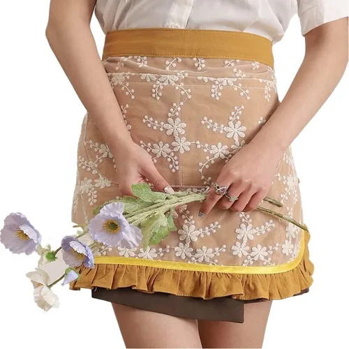 DNLKWGO Delantales de cintura floral para hornear, jardinería, delantales cortos estilo bordado, encantador medio delantal para mujer