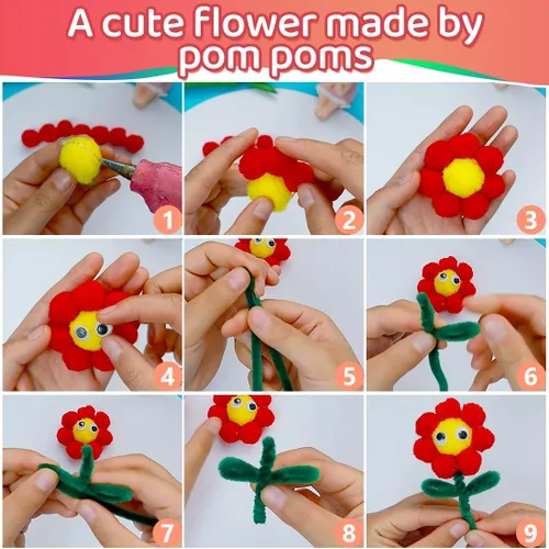 Miniatura 4 de Iooleem Pompones rosados – Tamaño surtido, 1200 piezas con ojos móviles, opciones de purpurina, perfectos para artes y manualidades